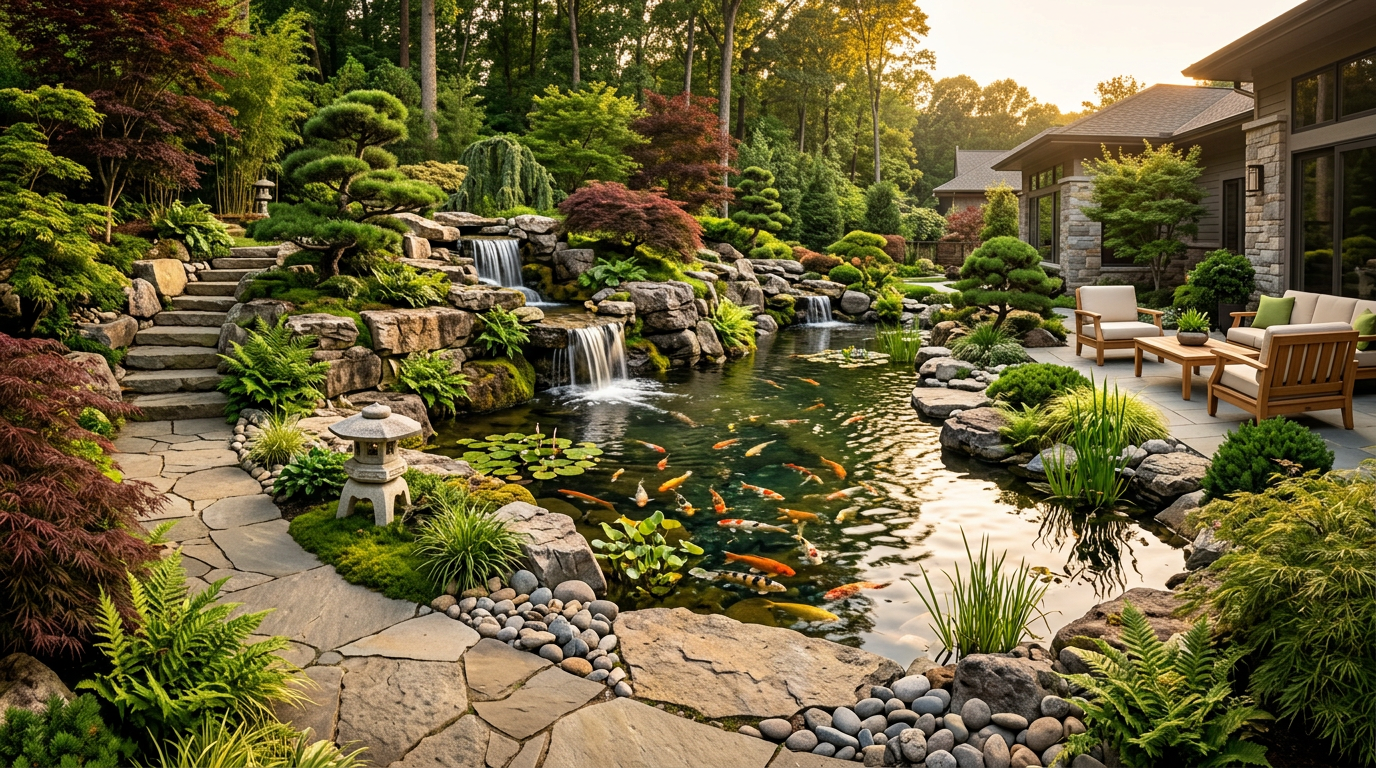 Castle Aquatics luxury koi pond and waterfall lifestyle hero image