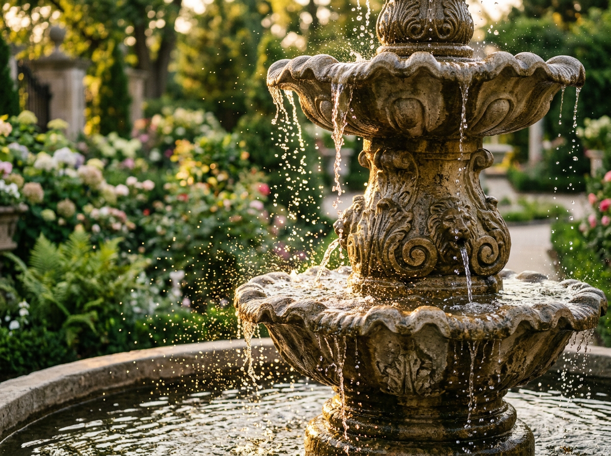 Close-up of cast stone fountain water cascading at golden hour